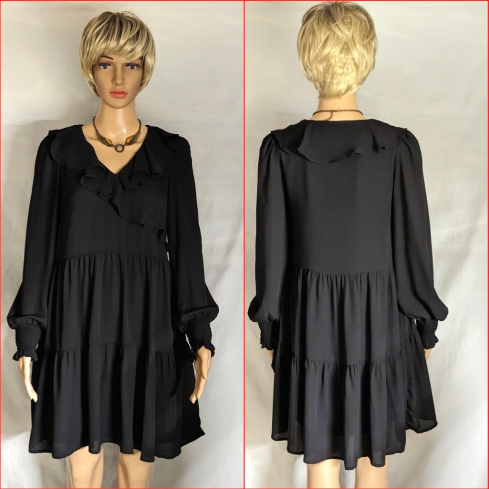 Jade by Melody Tam black long sleeve ruffle dress sz S/XS
